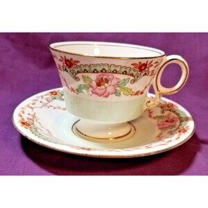 Vintage Adderley England Cup & Saucer Mint Green , Pink Roses ,White Teacup